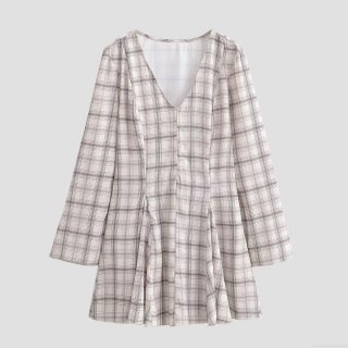 Women's V-Neck Plaid Long Sleeve Mini Dress Sexy High Waist A-Line Checked Ruffle Dress Casual Party Fashion Clothing Elegant Outfits
