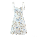 Women Floral Print Camisole Mini Dress Polyester Tie Straps Ruffle Hem Wood Ear Edge Slim Fit Sexy Summer Vacation Party Dress