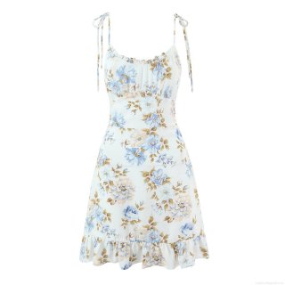 Women Floral Print Camisole Mini Dress Polyester Tie Straps Ruffle Hem Wood Ear Edge Slim Fit Sexy Summer Vacation Party Dress