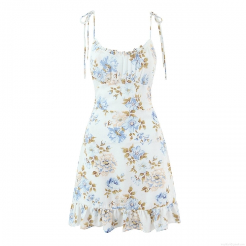 Women Floral Print Camisole Mini Dress Polyester Tie Straps Ruffle Hem Wood Ear Edge Slim Fit Sexy Summer Vacation Party Dress