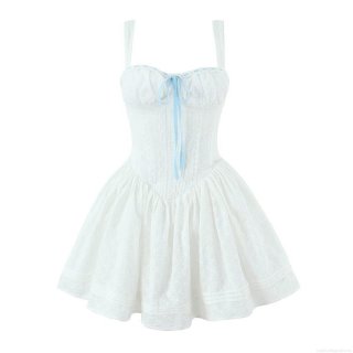 Women's White Lace Camisole Mini Dress With Light Blue Ribbon Bow Embroidery Sexy Lolita Style Sleeveless A-Line Cotton Party Dress