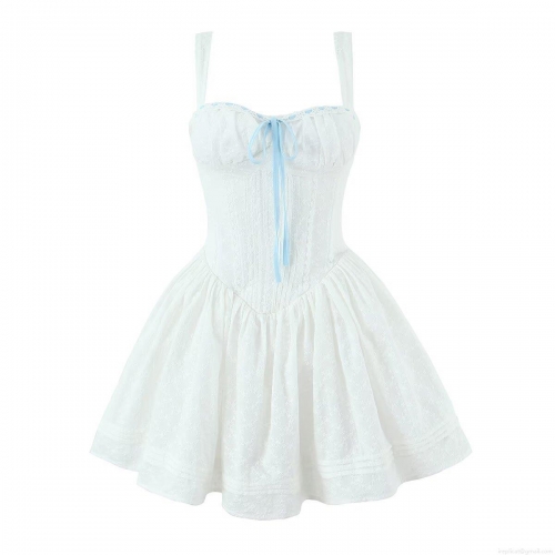 Women's White Lace Camisole Mini Dress With Light Blue Ribbon Bow Embroidery Sexy Lolita Style Sleeveless A-Line Cotton Party Dress