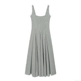 Women's Vintage Gingham Seersucker Midi Dress Square Neck Sleeveless A-Line Retro High Waist Party Sundress