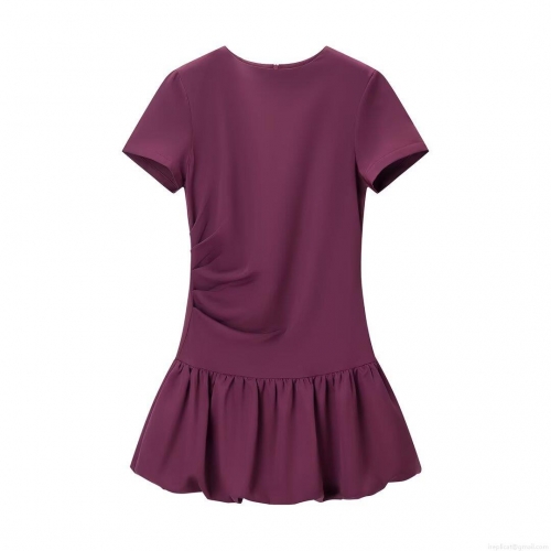 Women Sexy Round Neck Short Sleeve Mini Dress High Waist Side Ruched Balloon Hem Solid Color Polyester Ruched Bodycon Party Cocktail Dress For Ladies