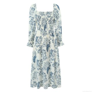 French Vintage Square Neck Long Sleeve Maxi Dress Blue White Toile De Jouy Floral Smocked Elastic Waist Side Slit Dress Women Spring Summer Vacation
