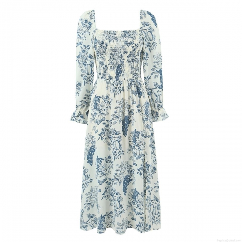 French Vintage Square Neck Long Sleeve Maxi Dress Blue White Toile De Jouy Floral Smocked Elastic Waist Side Slit Dress Women Spring Summer Vacation