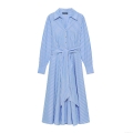 Women's Elegant Long Sleeve Striped Shirt Dress With Belt Button Down A-Line Maxi Dress For Office Daily Casual Streetwear