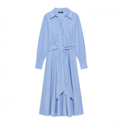 Women's Elegant Long Sleeve Striped Shirt Dress With Belt Button Down A-Line Maxi Dress For Office Daily Casual Streetwear