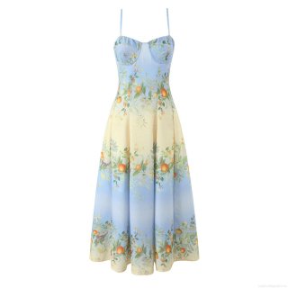 Women's Bohemian Gradient Camisole Maxi Dress Citrus Fruit Print V-Neck Sleeveless Backless Sexy Beach Vacation Long Swing Dress