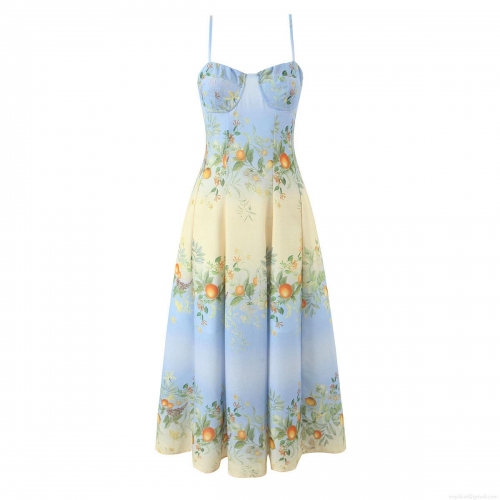 Women's Bohemian Gradient Camisole Maxi Dress Citrus Fruit Print V-Neck Sleeveless Backless Sexy Beach Vacation Long Swing Dress