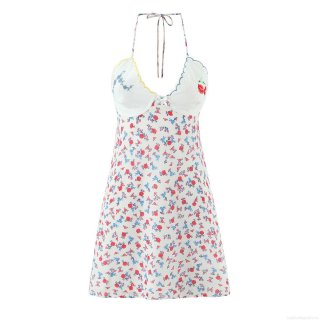 Women French Sweet Sexy V Neck Halter Floral Mini Dress Scalloped Edge Backless Polyester Blend Sleeveless Summer Beach Holiday Dress