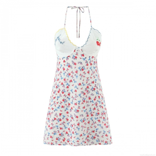 Women French Sweet Sexy V Neck Halter Floral Mini Dress Scalloped Edge Backless Polyester Blend Sleeveless Summer Beach Holiday Dress