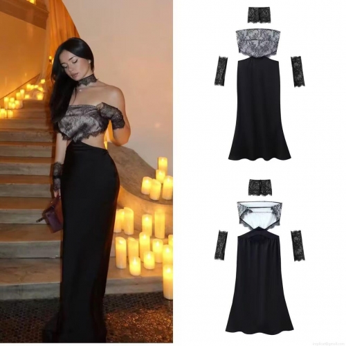 Elegant Women Satin Lace Patchwork Party Evening Dress Backless Strapless Tube Top High Waist Maxi Long Gown With Lace Sleeves And Neck Accessory For Wedding Banquet Night Club Sexy Fashion