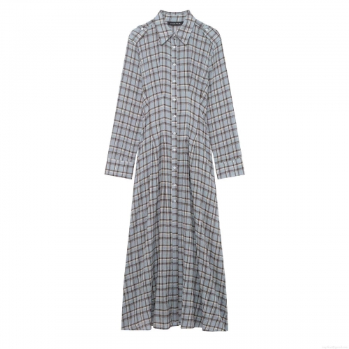 Women Classic Plaid Shirt Dress Long Sleeve Button Down Turn-down Collar Maxi Dress with Shoulder Epaulets Autumn Casual A-line Long Dress