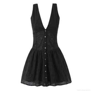 Women's Black Eyelet Embroidery V-Neck Sleeveless Dress Sexy Button Down Mini A-Line Sundress Summer Cotton Broderie Anglaise Dress for Women