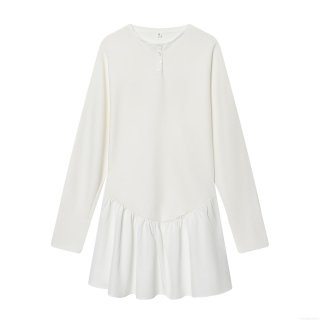 Women's Casual Spliced Mini Dress Ruffled Hem Long Sleeve Henley Round Neck Buttons Solid White Polyester Cotton Blend Dress For Daily Party
