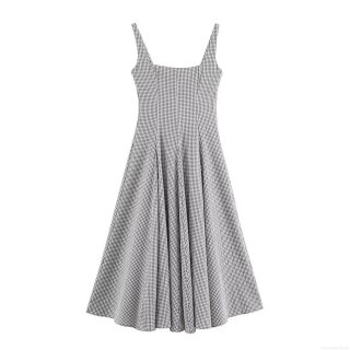 Women Retro French Style Gingham Plaid Midi Dress Sleeveless Square Neck Elegant A-Line High Waist Summer Fashion Sexy Bodycon Party Dress Lady