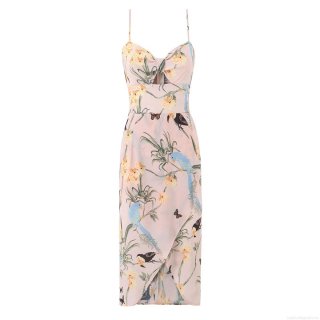 Women Tropical Floral Print Cami Dress Sexy V Neck Cutout Slit Midi Dress Summer Beach Vacation Smocked Back Spaghetti Strap Dress