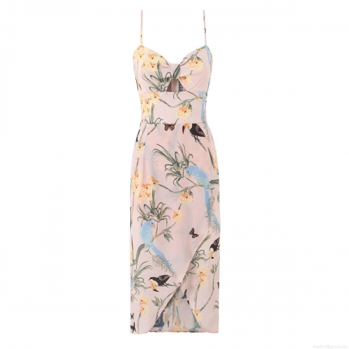 Women Tropical Floral Print Cami Dress Sexy V Neck Cutout Slit Midi Dress Summer Beach Vacation Smocked Back Spaghetti Strap Dress
