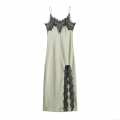 Women Sexy Sage Green Satin Slip Maxi Dress Black Lace Trim V-Neck Side Slit Backless Elegant Evening Party Sleeveless Long Dress
