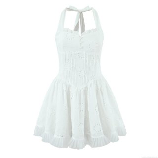 Women Sexy White Halter Backless Hollow Embroidery Lace Mini Dress With Ruffle Hem V-Neck Sleeveless A-Line Summer Party Dress