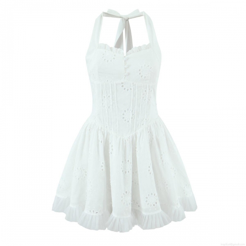 Women Sexy White Halter Backless Hollow Embroidery Lace Mini Dress With Ruffle Hem V-Neck Sleeveless A-Line Summer Party Dress