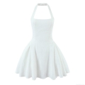 Women Sexy White Halter Neck Backless Mini Dress Elegant Textured Jacquard High Waist Flare A-Line Party Dress Summer Beach Clubwear