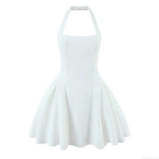 Women Sexy White Halter Neck Backless Mini Dress Elegant Textured Jacquard High Waist Flare A-Line Party Dress Summer Beach Clubwear