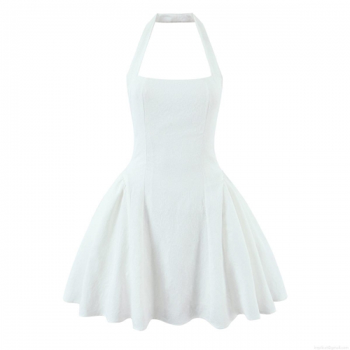 Women Sexy White Halter Neck Backless Mini Dress Elegant Textured Jacquard High Waist Flare A-Line Party Dress Summer Beach Clubwear