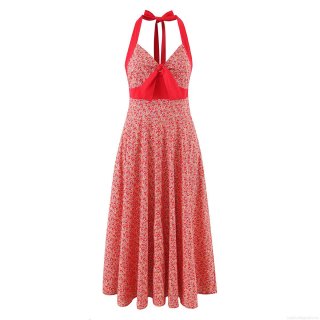 Women's French Retro Halter Backless Floral Dress 100% Cotton Sexy V-Neck Bow High Waist Midi A-Line Swing Dress For Vacation Summer Beach Party