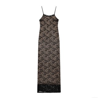 Women's Sexy Floral Lace Maxi Dress Spaghetti Strap Slim Fit Sleeveless High Waist Long Dress With Nude Lining For Party Evening Clubwear