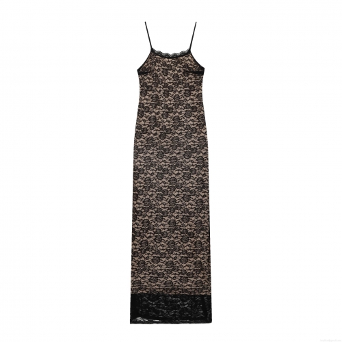 Women's Sexy Floral Lace Maxi Dress Spaghetti Strap Slim Fit Sleeveless High Waist Long Dress With Nude Lining For Party Evening Clubwear