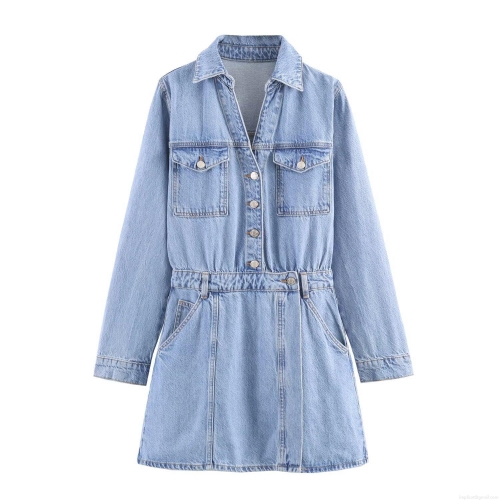 Women's Long Sleeve Denim Mini Dress Light Blue Washed Button Up Shirt Dress With Pockets High Waist Slim Fit Sexy Bodycon Dress For Casual Party