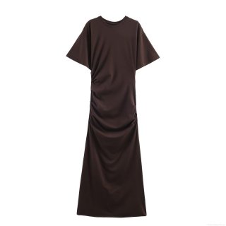 Women's Sexy Ruched Side Maxi Dress Short Sleeve Round Neck Slim Fit Bodycon Long Dress Solid Color Stretch Knit Summer Outfit