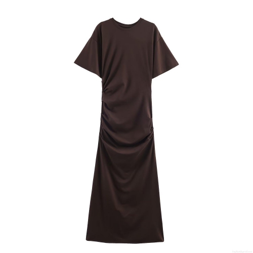 Women's Sexy Ruched Side Maxi Dress Short Sleeve Round Neck Slim Fit Bodycon Long Dress Solid Color Stretch Knit Summer Outfit