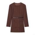 Women Elegant Double Breasted Blazer Dress Round Neck Long Sleeve Mini Dress With Black Leather Belt Slim Fit Office Lady Coffee Brown Short Dress