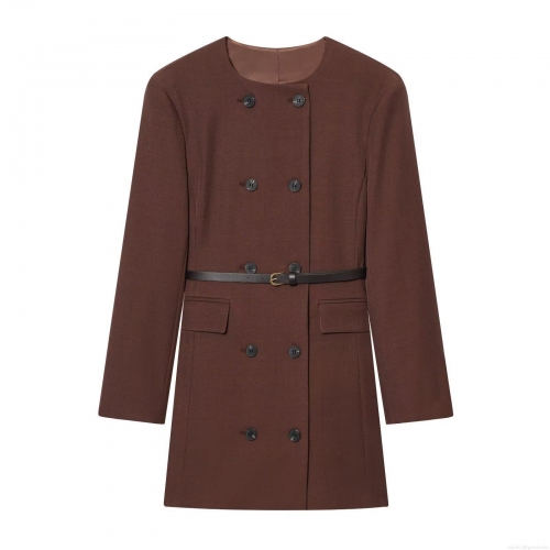 Women Elegant Double Breasted Blazer Dress Round Neck Long Sleeve Mini Dress With Black Leather Belt Slim Fit Office Lady Coffee Brown Short Dress