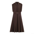 Women Safari Style Midi Dress With Belt Elastic Polyester Sleeveless Shirt Collar Button Down A-Line Workwear Dress For Daily Office Dark Brown