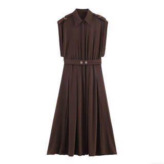 Women Safari Style Midi Dress With Belt Elastic Polyester Sleeveless Shirt Collar Button Down A-Line Workwear Dress For Daily Office Dark Brown