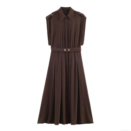 Women Safari Style Midi Dress With Belt Elastic Polyester Sleeveless Shirt Collar Button Down A-Line Workwear Dress For Daily Office Dark Brown