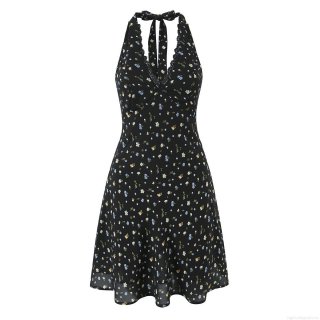 Women Sexy Floral Print Halter Backless Mini Dress Lace Trim V-Neck Sleeveless High Waist A-Line Summer Sundress Beach Vacation Party Ladies