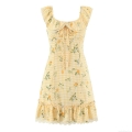 Women's French Retro Gingham Lemon Print Mini Dress Lace Ruffle Flying Sleeve Square Neck Tie Front High Waist A-Line Summer Vacation Party Sexy Dress