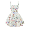 Women's Floral Print Camisole Mini Dress Square Neck Sleeveless High Waist A-Line Puff Skirt Summer Party Beach Sexy Sundress