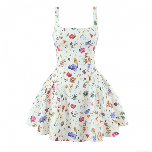 Women's Floral Print Camisole Mini Dress Square Neck Sleeveless High Waist A-Line Puff Skirt Summer Party Beach Sexy Sundress