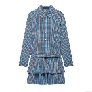 Women Plaid Shirt Mini Dress Long Sleeve Button Down Ruffle Hem Layered Tiered A-Line Dress With Belt Casual Polyester Short Dress For Women