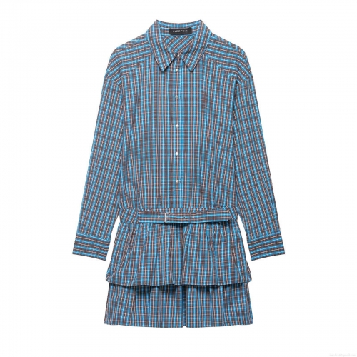 Women Plaid Shirt Mini Dress Long Sleeve Button Down Ruffle Hem Layered Tiered A-Line Dress With Belt Casual Polyester Short Dress For Women