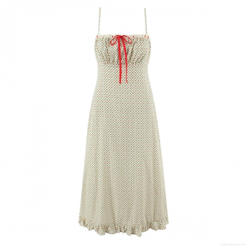 Fashion Floral Spaghetti Strap Dress Sexy Bow Decor Ruffle Hem Cottagecore Cotton Midi Dress for Women Summer Vacation Casual Sundress