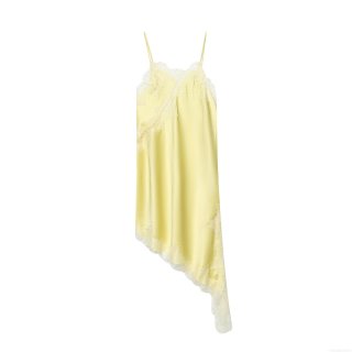 Sexy Yellow Satin Lace Slip Dress For Women Asymmetrical Hem V-Neck Sleeveless Mini Cami Dress Elegant Nightclub Party Evening Out Summer Dress