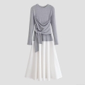 Women's Long Sleeve Patchwork Maxi Dress Elegant Grey White Crew Neck High Waist Tie A-Line Gown 100% Polyester Casual Spring Party Dress For Women