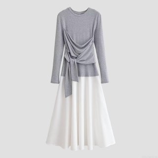 Women's Long Sleeve Patchwork Maxi Dress Elegant Grey White Crew Neck High Waist Tie A-Line Gown 100% Polyester Casual Spring Party Dress For Women